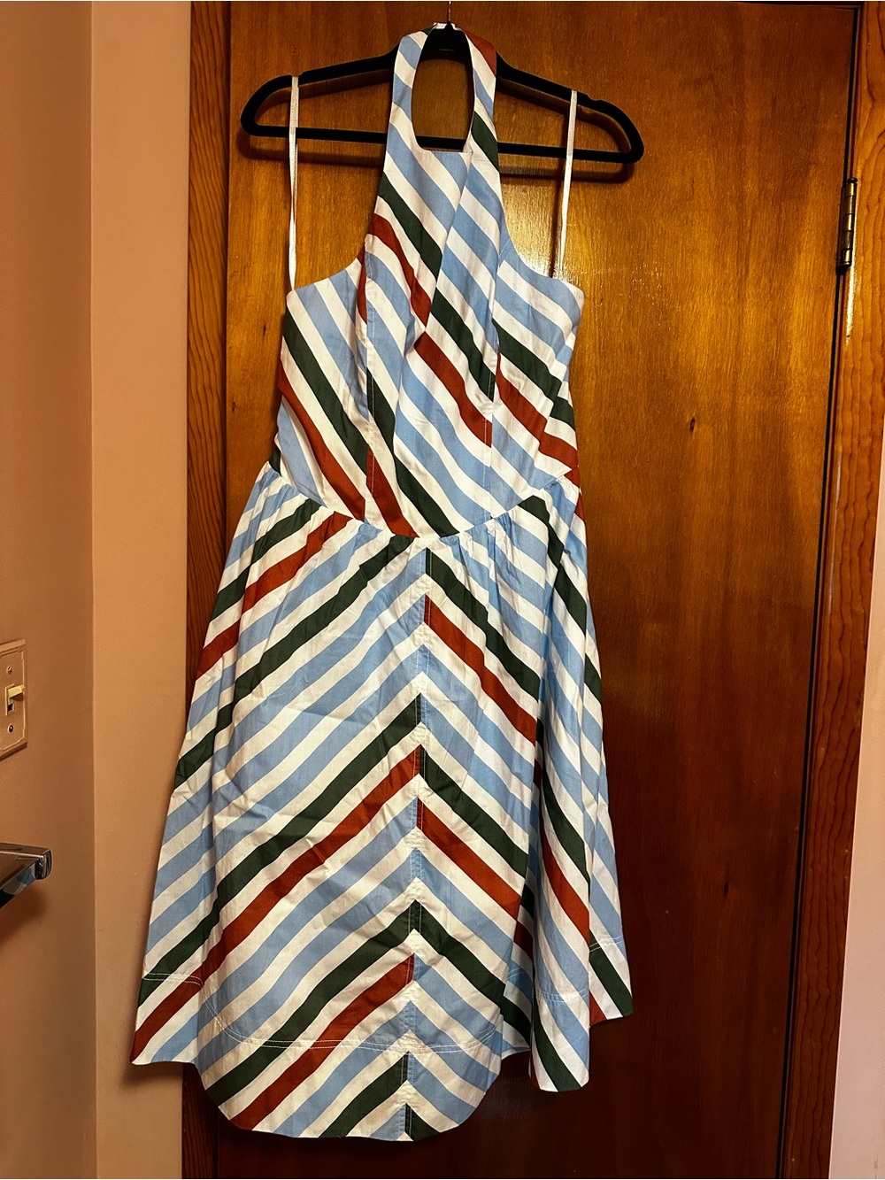 Maeve Halter Midi Dress in Light Blue, Green & Rust Stripe